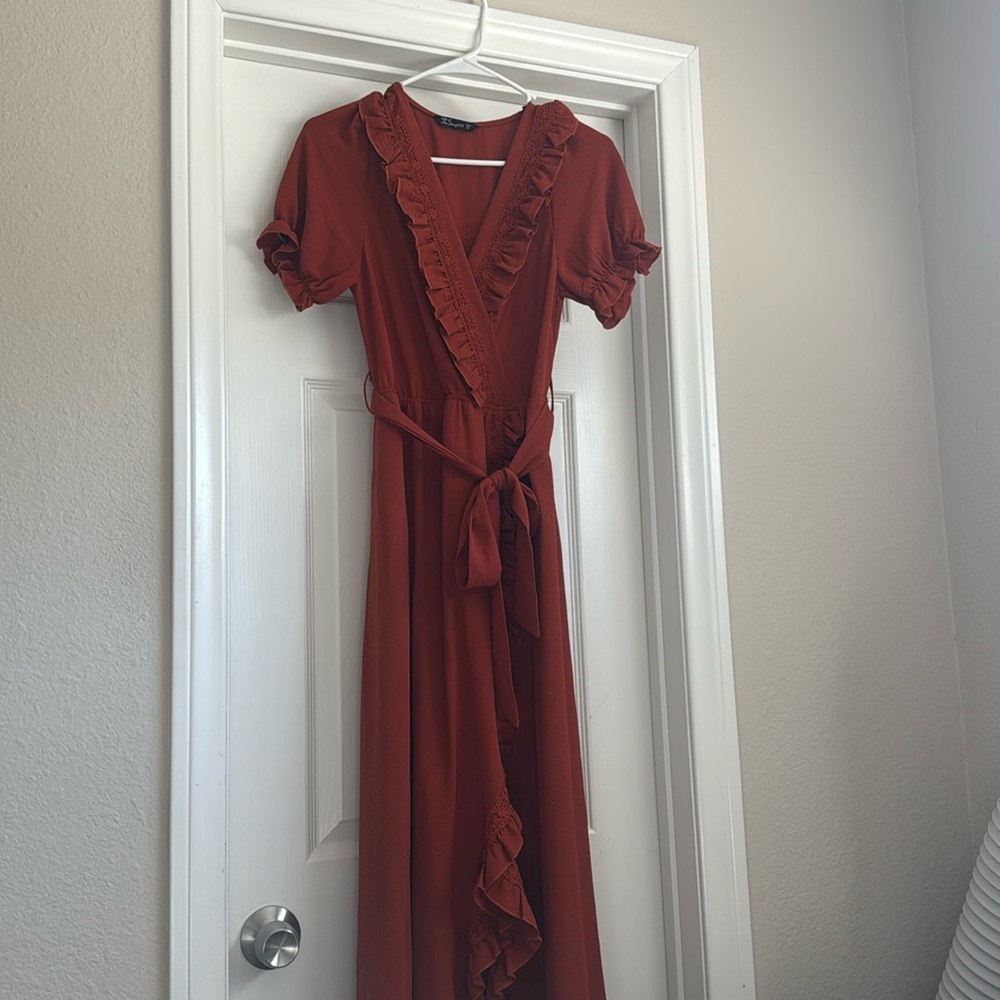 Rust MIDI faux wrap cocktail dress - size M, wedding guest dress, baby shower